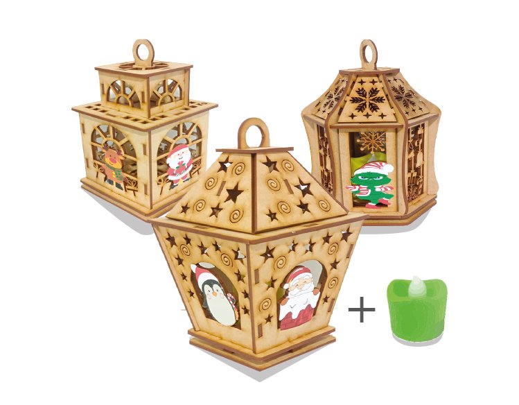 3 Faroles navideños MDF vela eléctrica Faroles navideños MDF vela eléctrica